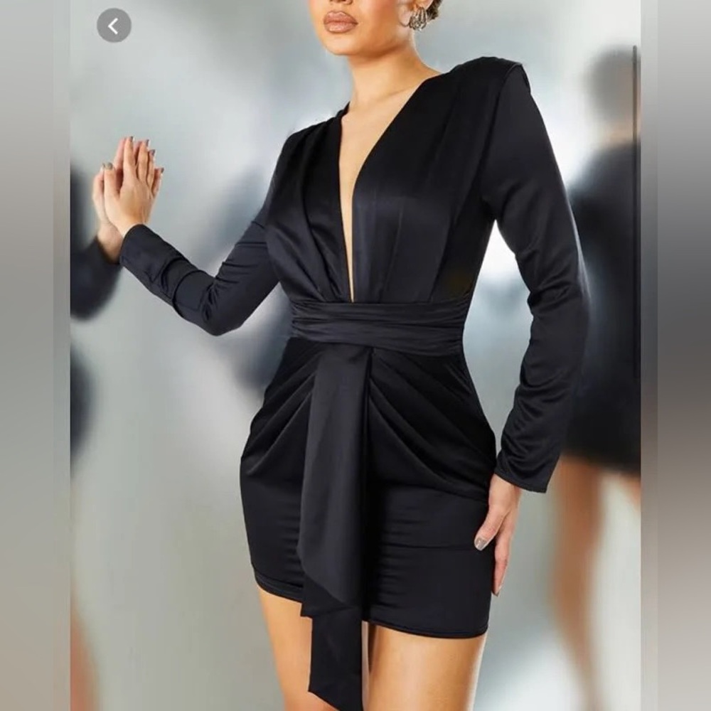 Satin Long Sleeve Drape Bodycon Dress